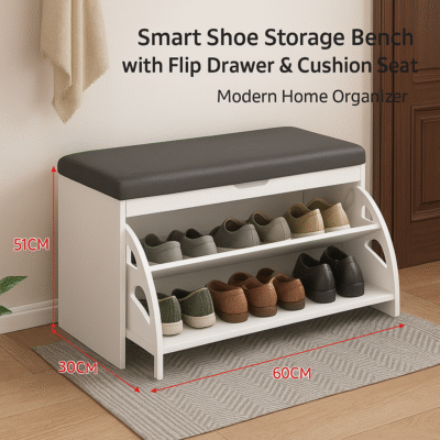 Shoe Storage Bench with Flip Drawer & Padded - Image 5