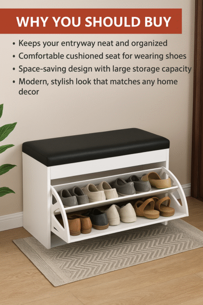 Shoe Storage Bench with Flip Drawer & Padded - Image 4