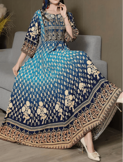 Middle Eastern Embroidered Maxi Dress for Women Elegant Loose Fit Ethnic Long Gown - Image 2