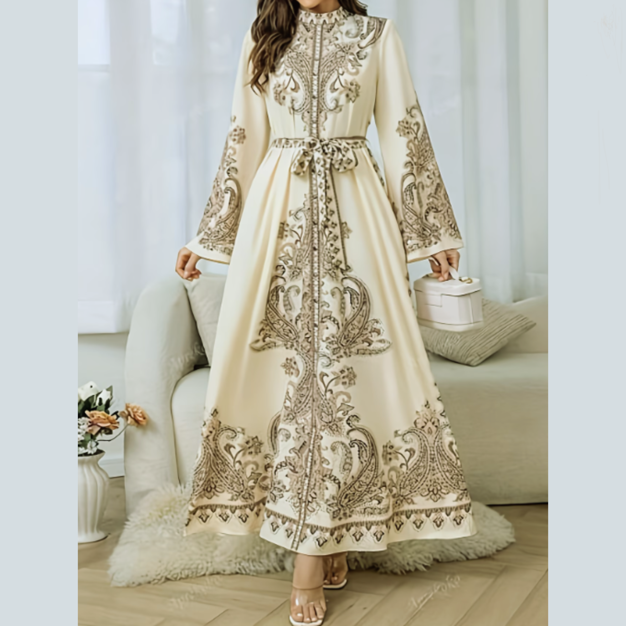 womens abayas, long sleeve maxi, paisley clothing, middle east fashion, adjustable belt dress, Middle Eastern Women Dress - Image 5
