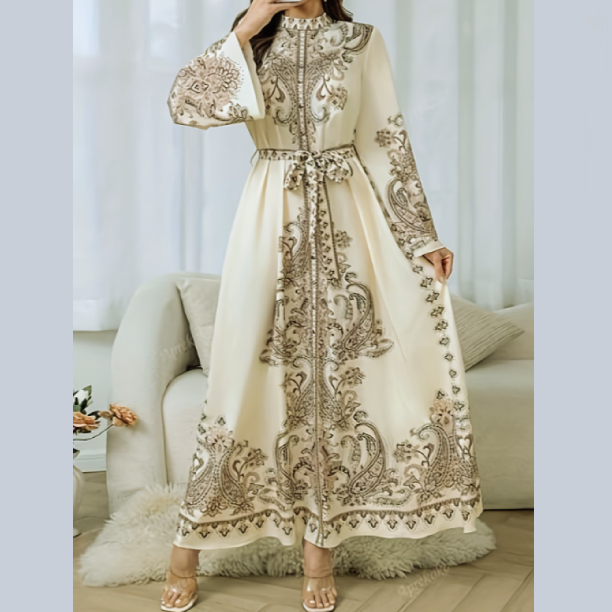 womens abayas, long sleeve maxi, paisley clothing, middle east fashion, adjustable belt dress, Middle Eastern Women Dress - Image 4