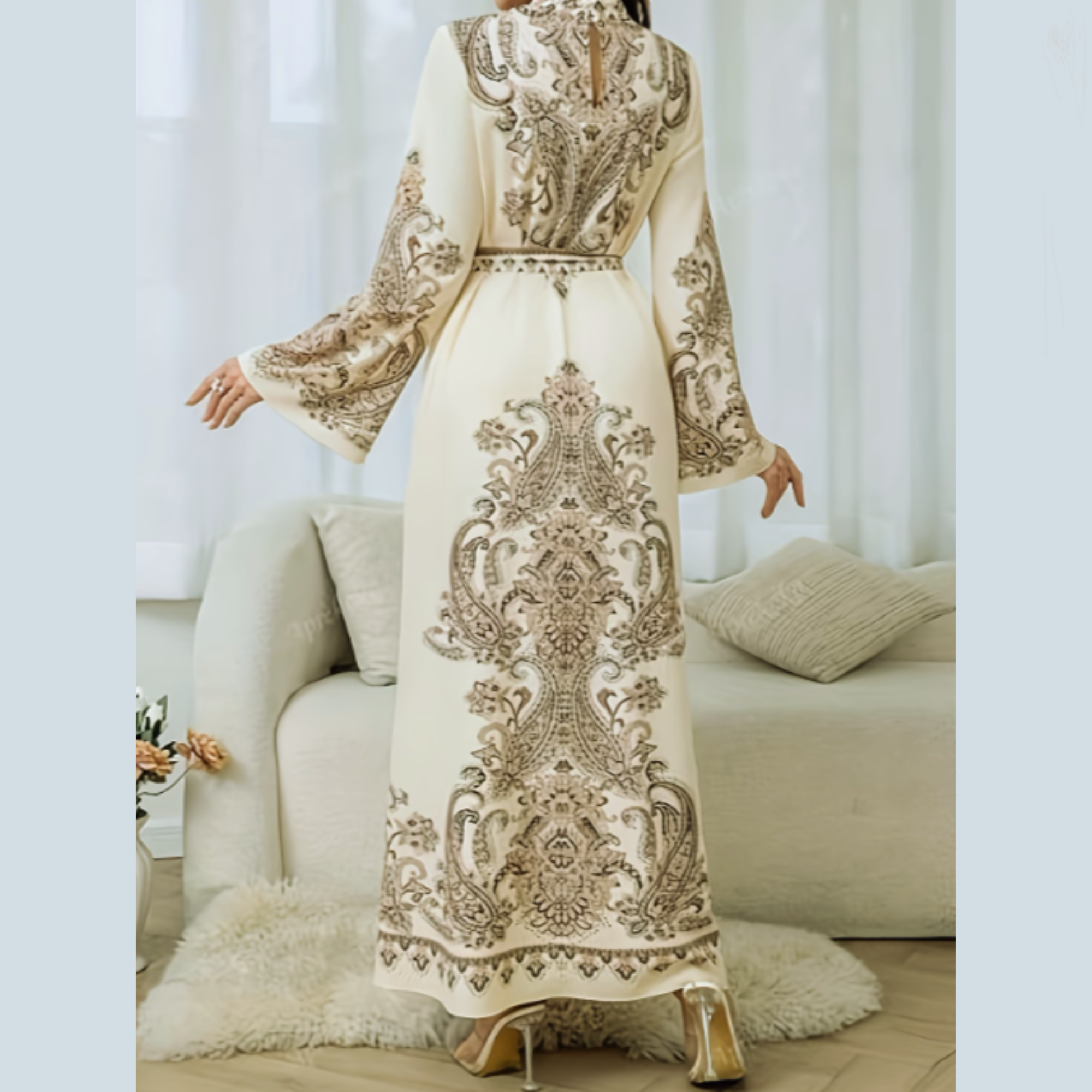 womens abayas, long sleeve maxi, paisley clothing, middle east fashion, adjustable belt dress, Middle Eastern Women Dress - Image 3