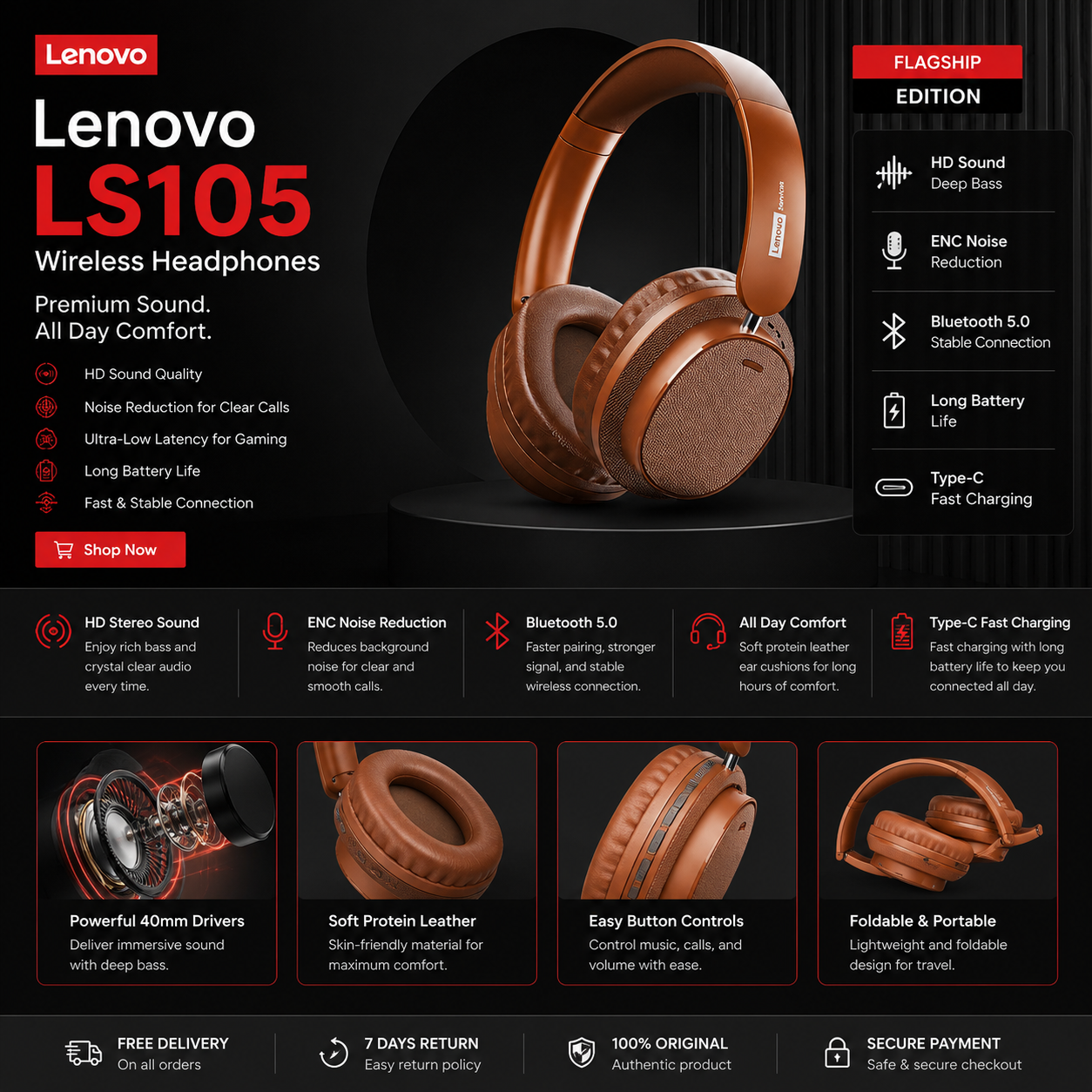Lenovo LS105 Wireless Headphones – Comfort, Clarity & Performance